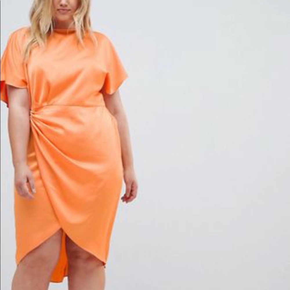 ASOS DESIGN Curve Wrap Skirt Midi Dress in Satin Orange